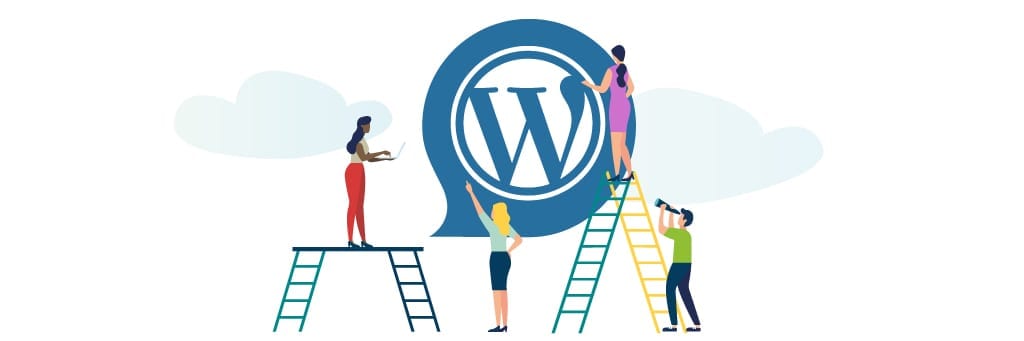 Illustration of team members standing on ladders and platforms to collaborate, helping to hold up a thought bubble with the WordPress logo inside, representing a dev and design team working on a WordPress project for a client