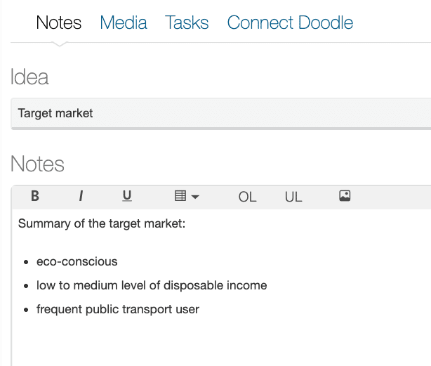 Screenshot showing notes added to a mind map of business plan